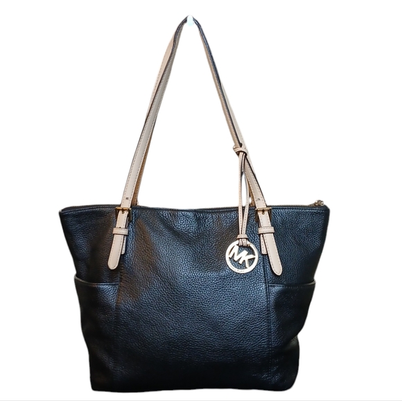 Michael Kors Black Leather Tote Shoulder Bag Purse with MK Charm - Picture 1 of 11